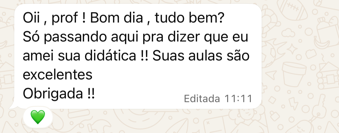 Mensagem de aluna no WhatsApp elogiando a didática das aulas
