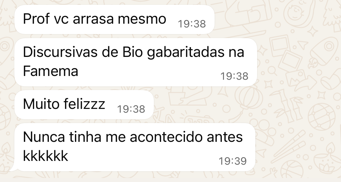 Mensagem de aluna no WhatsApp sobre discursivas de Biologia na Famema