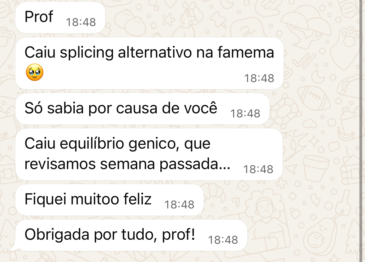 Mensagem de aluna no WhatsApp sobre splicing alternativo na Famema
