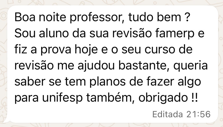Mensagem de aluno da revisão Famerp no WhatsApp