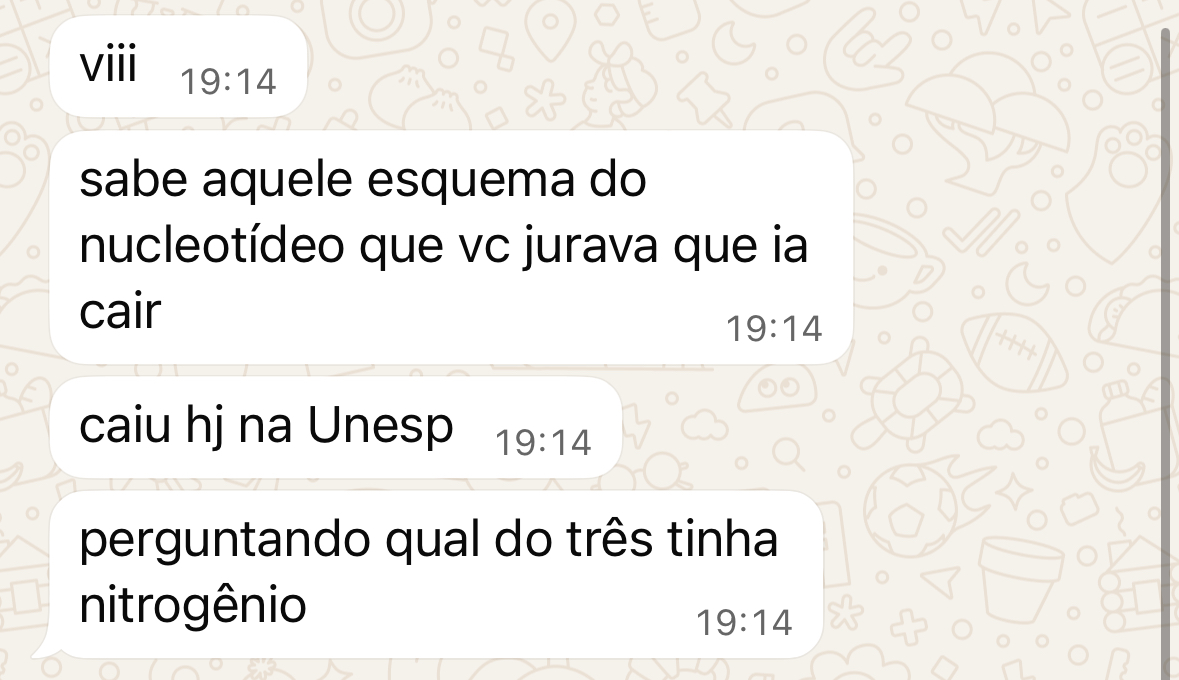 Mensagem de aluno no WhatsApp sobre o esquema do nucleotídeo na Unesp